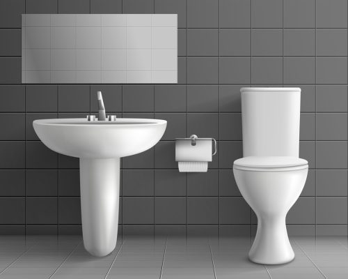Modern toilet room interior 3d realistic vector mockup. White ceramic toilet bowl with water tank, paper on metal roll holder, sink with faucet and horizontal mirror on grey tilled wall illustration