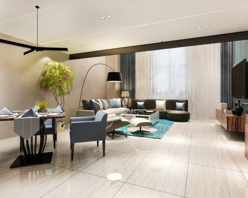 3d rendering modern dining room and living room with luxury decor