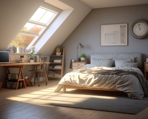 interior photo scene realistic teenager bedroom with large empty walls, full frame, straight angle, desktop, superrealistic, photorealistic, 8k, Use a mirrorless canon dslr camera with a 25mm lens at F.8 aperture setting, and bright and filtered subtile sunshine falling through the scene , superrealistic photo --ar 3:2 --v 5.2 Job ID: abb9eacb-607a-4f32-9b02-ef288a485bda